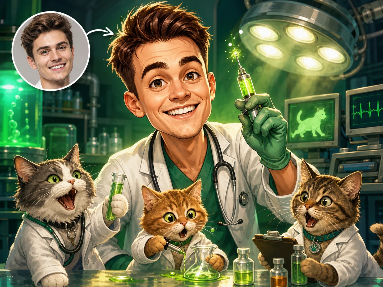 Custom Veterinarian Caricature from Photo — Vet with Animals Cartoon Portrait Personalized Gift