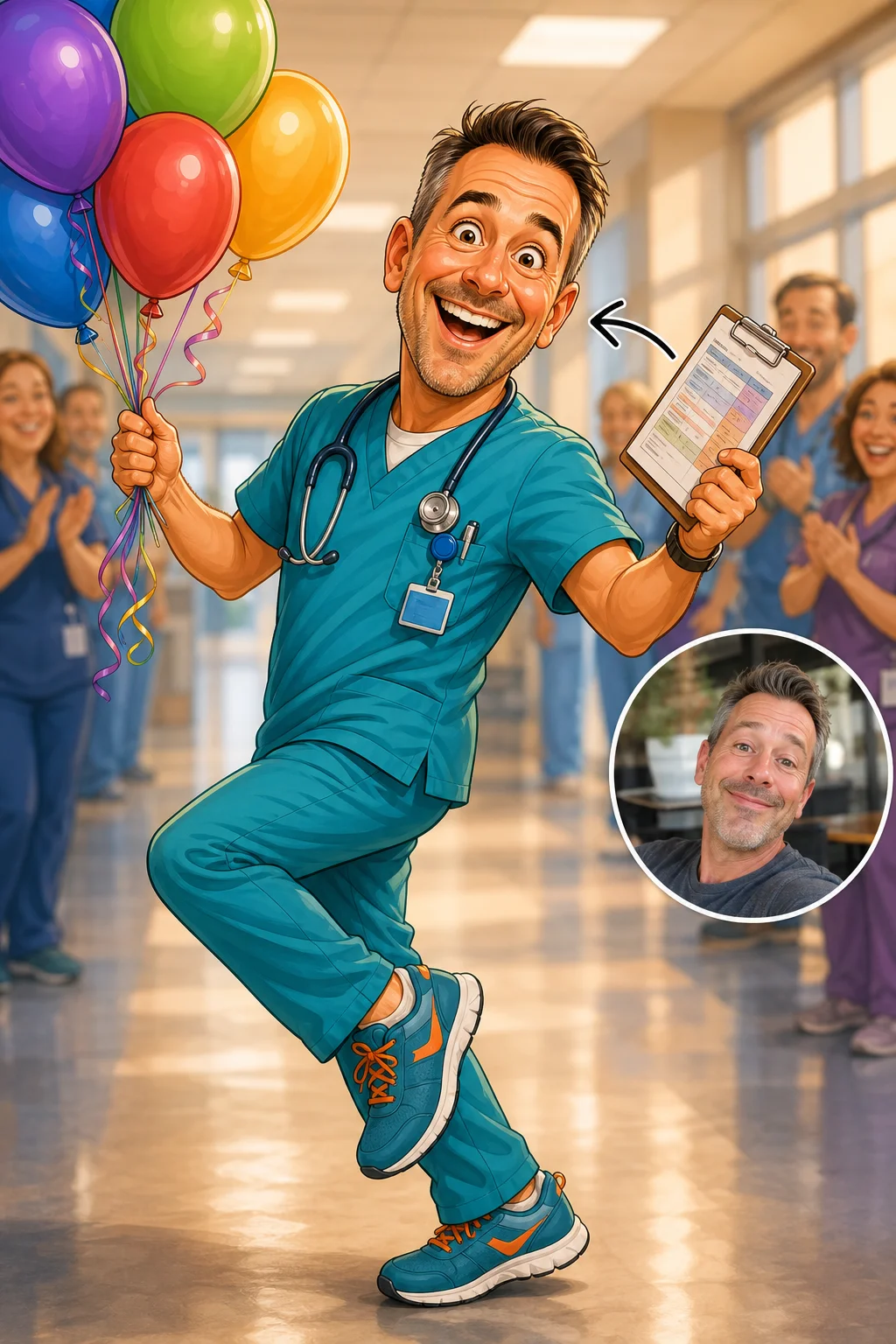 Custom Nurse Caricature from Photo — Scrubs and Stethoscope Cartoon Portrait Personalized Gift