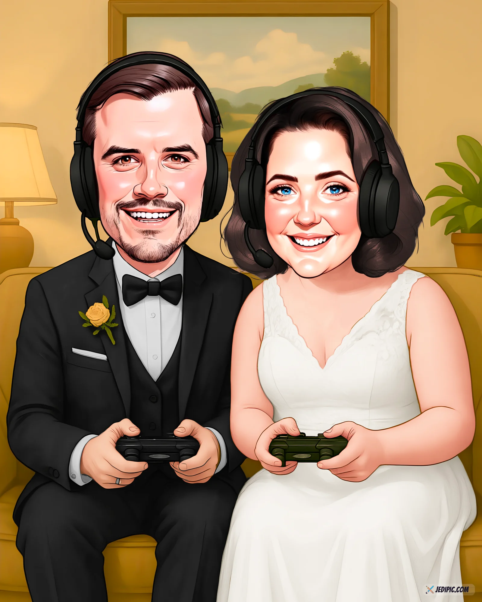 Custom Wedding Day Caricature from Photo — Newlywed Couple Cartoon Portrait Personalized Gift