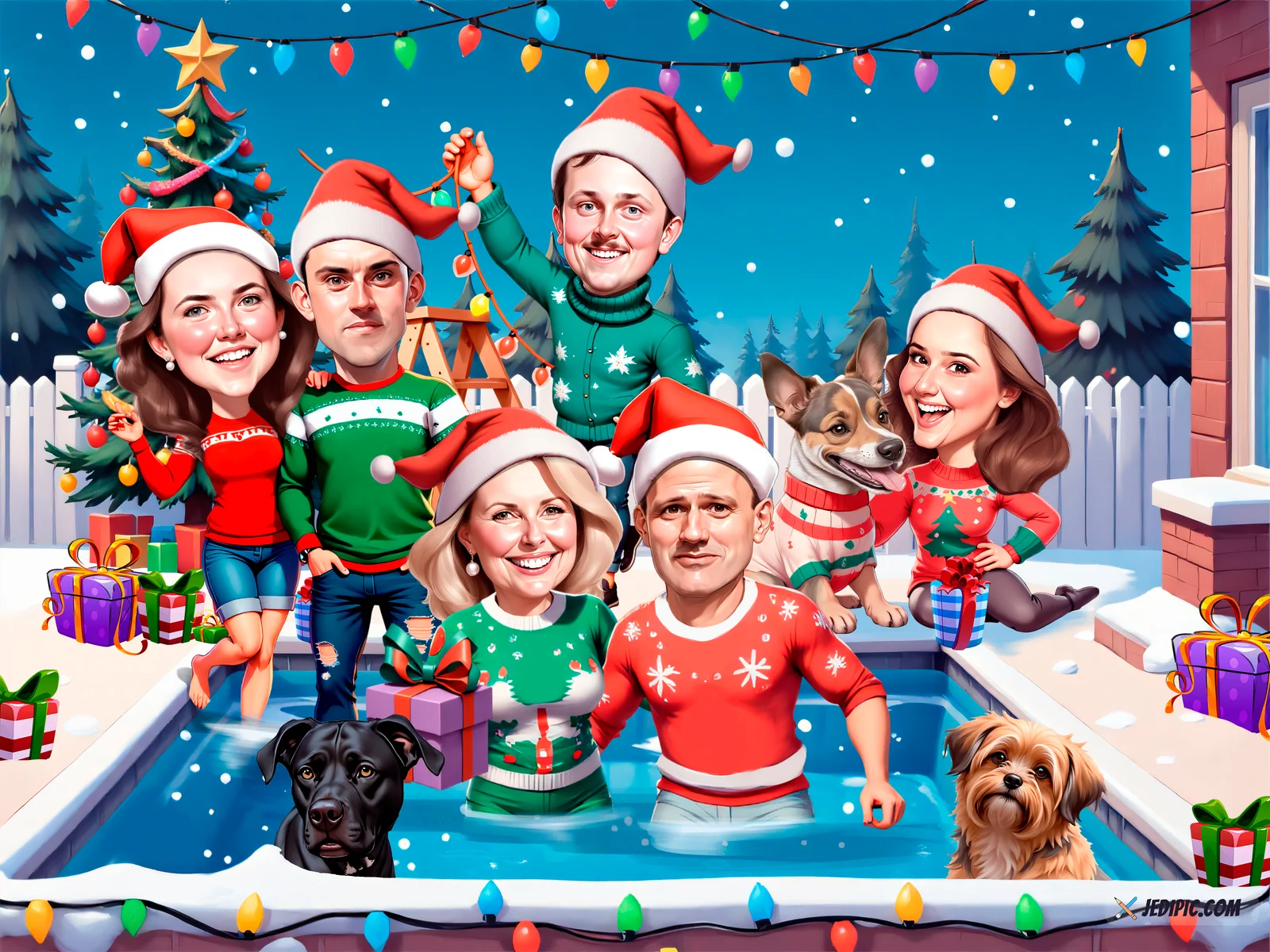 Custom Christmas Portrait Caricature from Photo — Tree Morning Portrait Christmas Gift