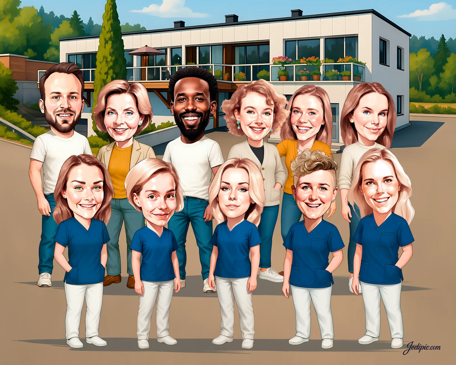 Custom Corporate Team Caricature from Photo — Company Retreat Cabin Corporate Gift