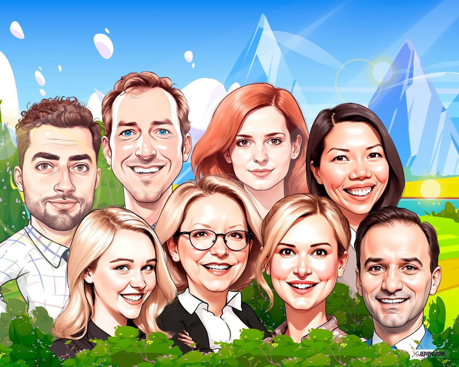 Custom Office Team Caricature from Photo — Watercooler Group Photo Office Gift — Design 2