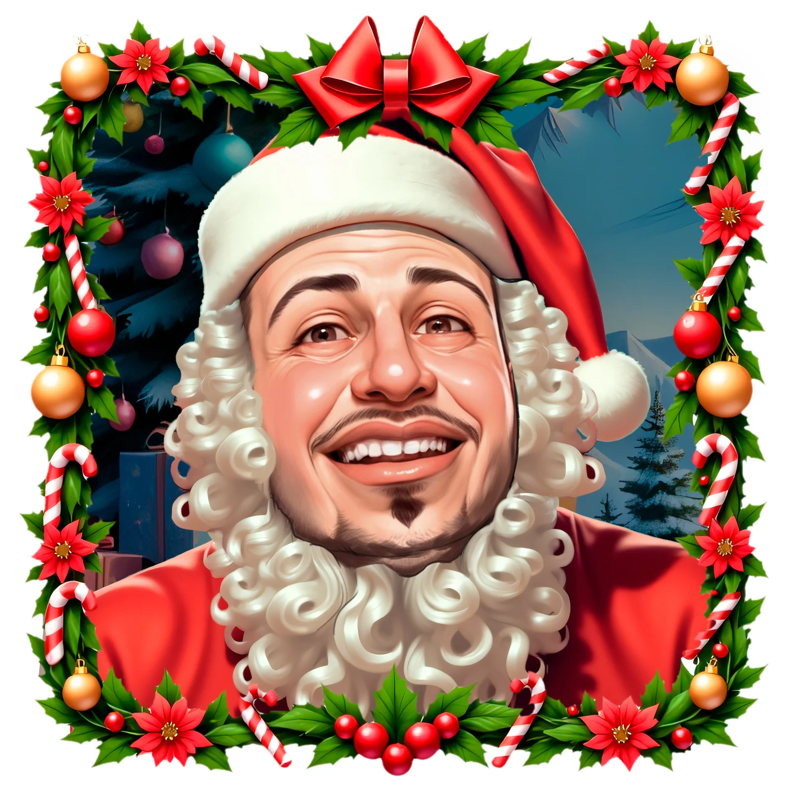 Custom Christmas Portrait Caricature from Photo — Tree Morning Portrait Christmas Gift — Design 2