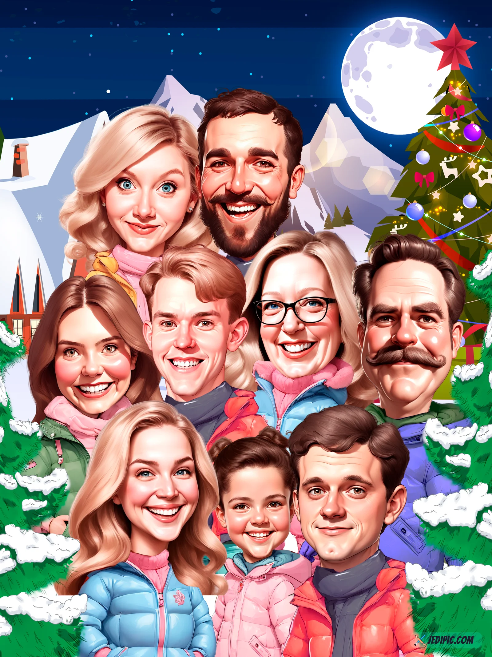 Custom Family Caricature from Photo — Sunday Dinner Group Family Gift — Design 2