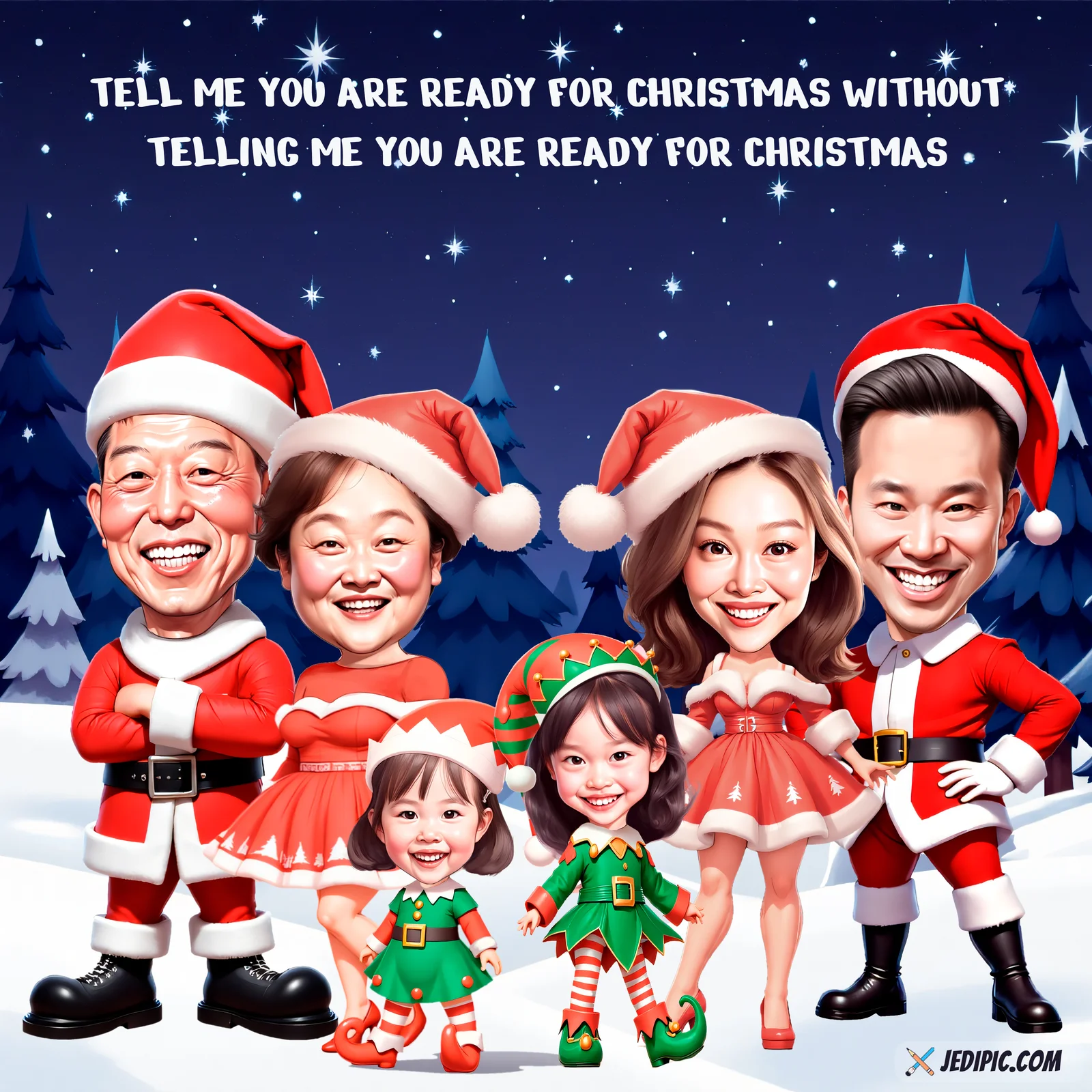Custom Christmas Portrait Caricature from Photo — Tree Morning Portrait Christmas Gift — Design 3