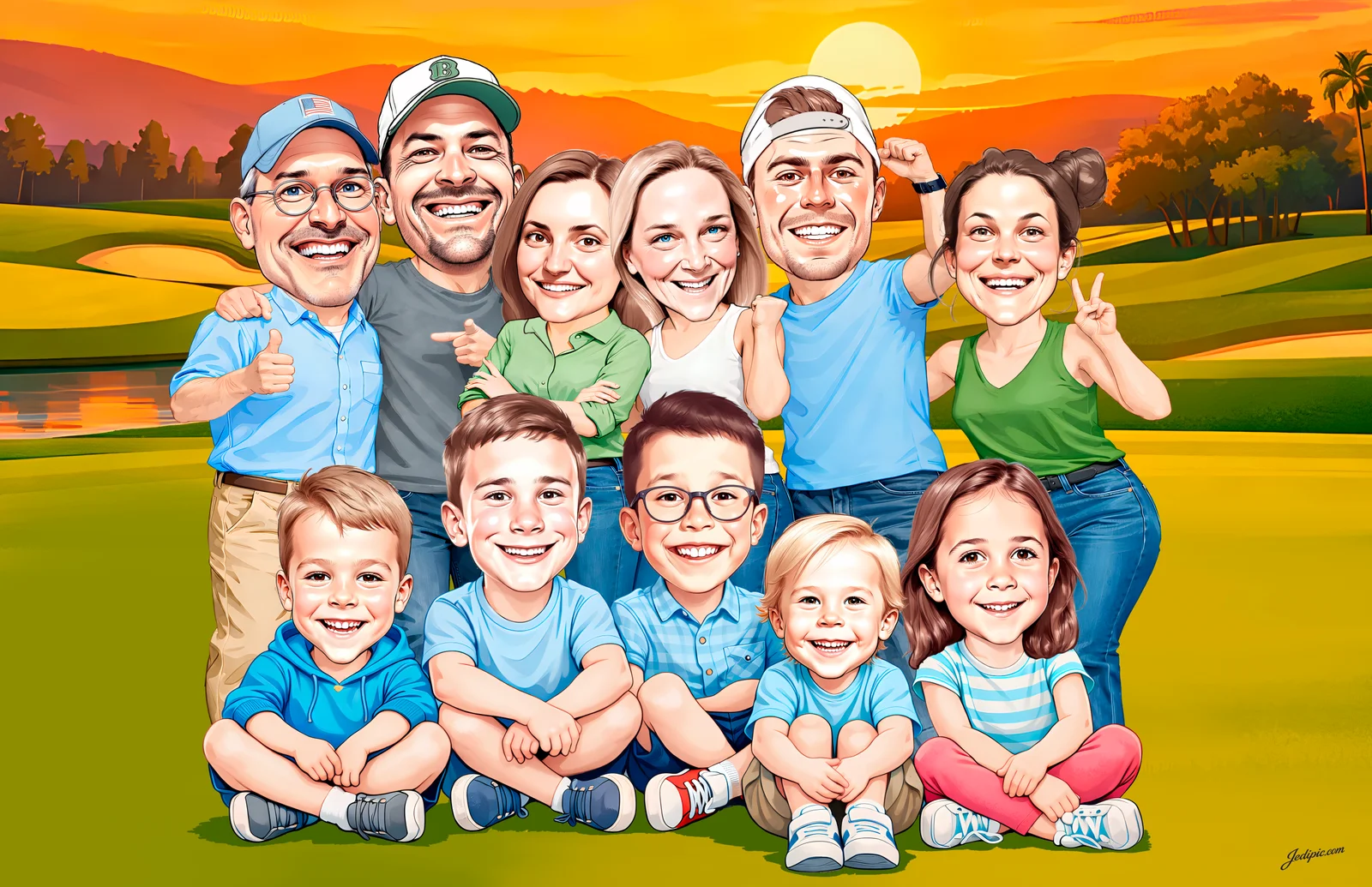 Custom Family Caricature from Photo — Sunday Dinner Group Family Gift — Design 3