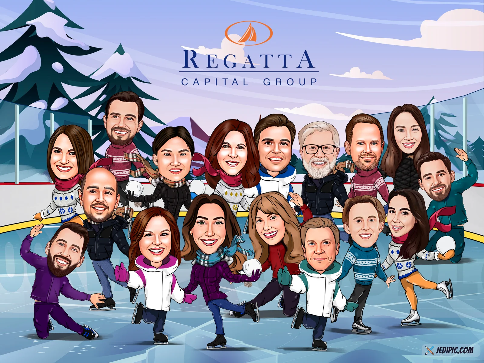 Custom Corporate Team Caricature from Photo - Engineering Team Lineup Product Launch Gift
