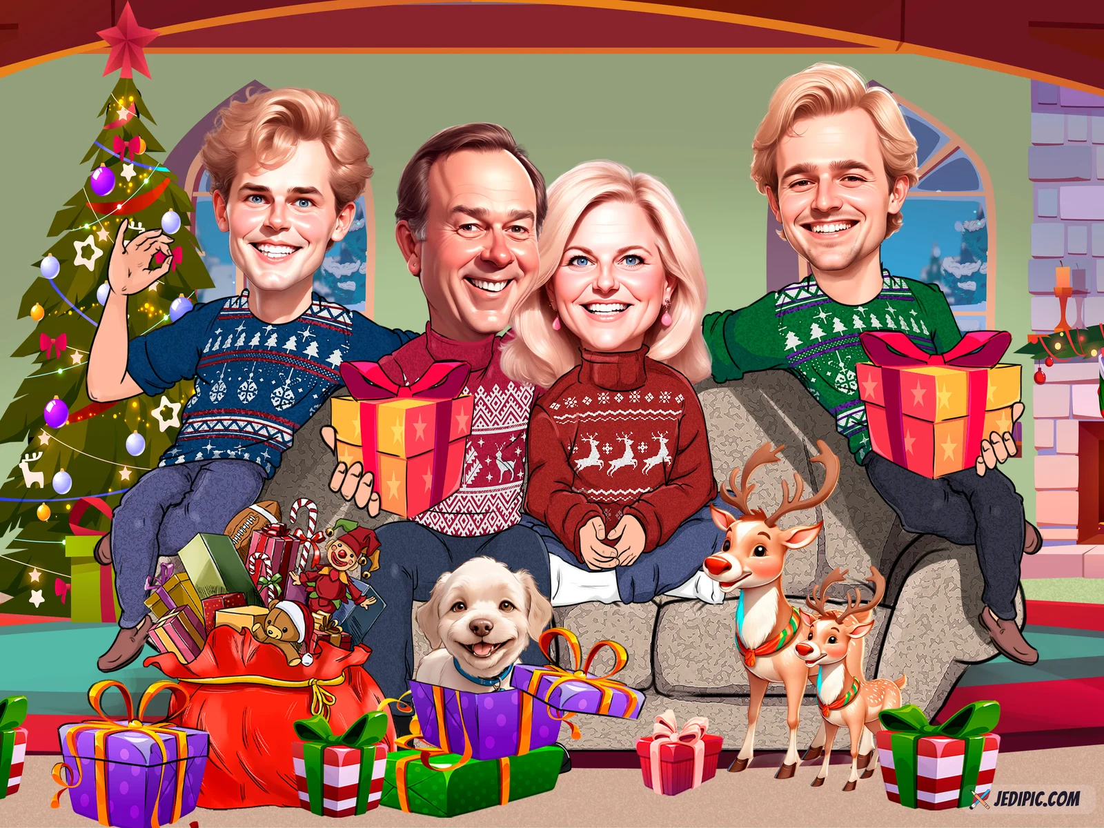 Custom Family Caricature from Photo - Cozy Family Sofa Portrait Christmas Gift