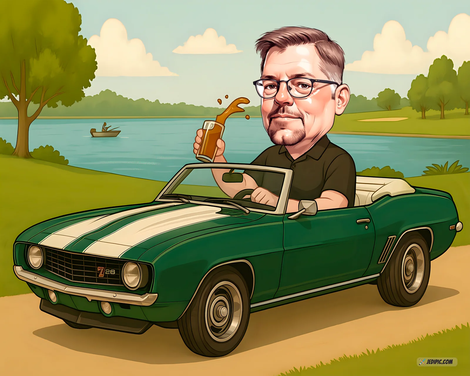 Custom Car Lover Caricature from Photo - Muscle Car Portrait Birthday Gift