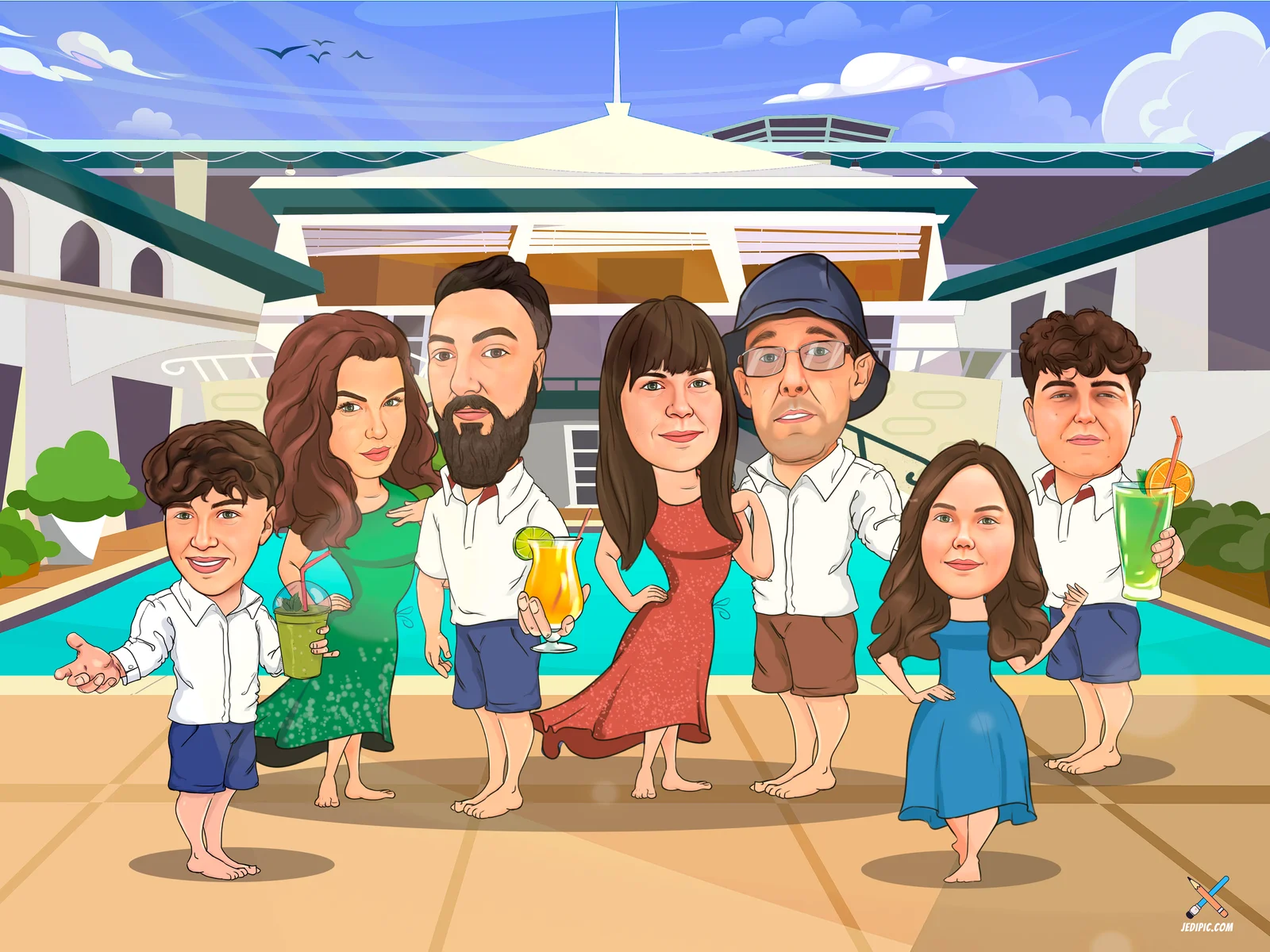 Custom Family Caricature from Photo - Front Porch Portrait Family Christmas Gift
