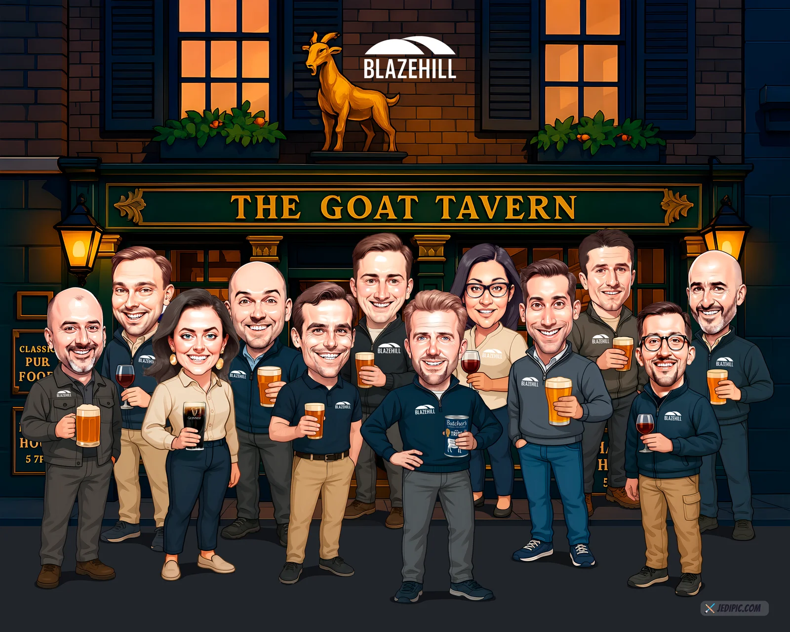 Custom Corporate Team Caricature from Photo — Warehouse Crew Safety Milestone Celebration Portrait Gift