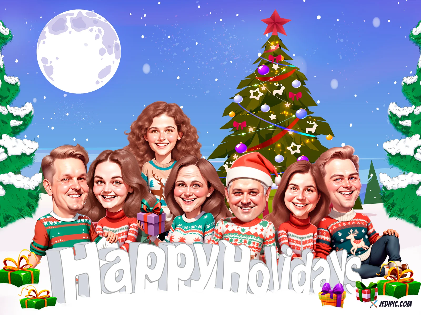 Custom Family Caricature from Photo — Family Group Holiday Keepsake Portrait Gift