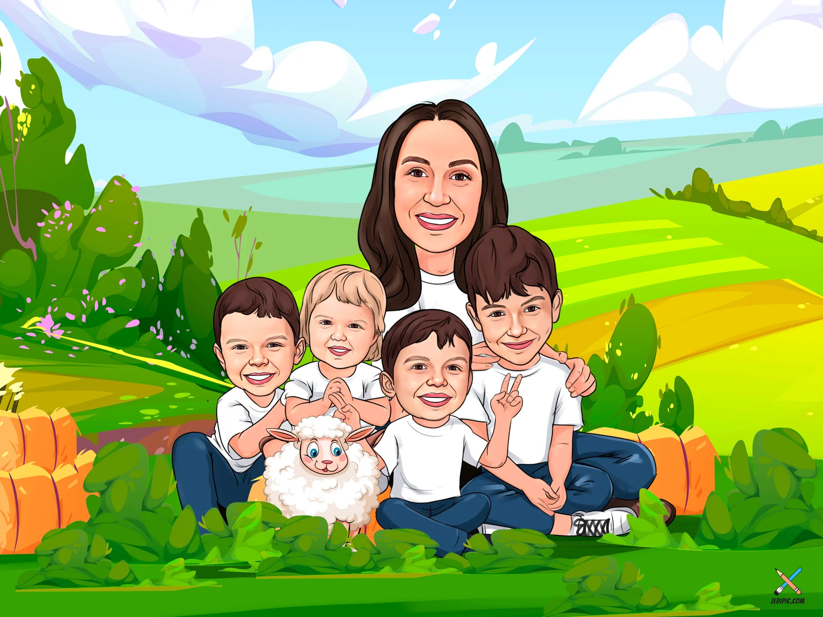 Custom Family Caricature from Photo — Family Scene Family Christmas Portrait Gift