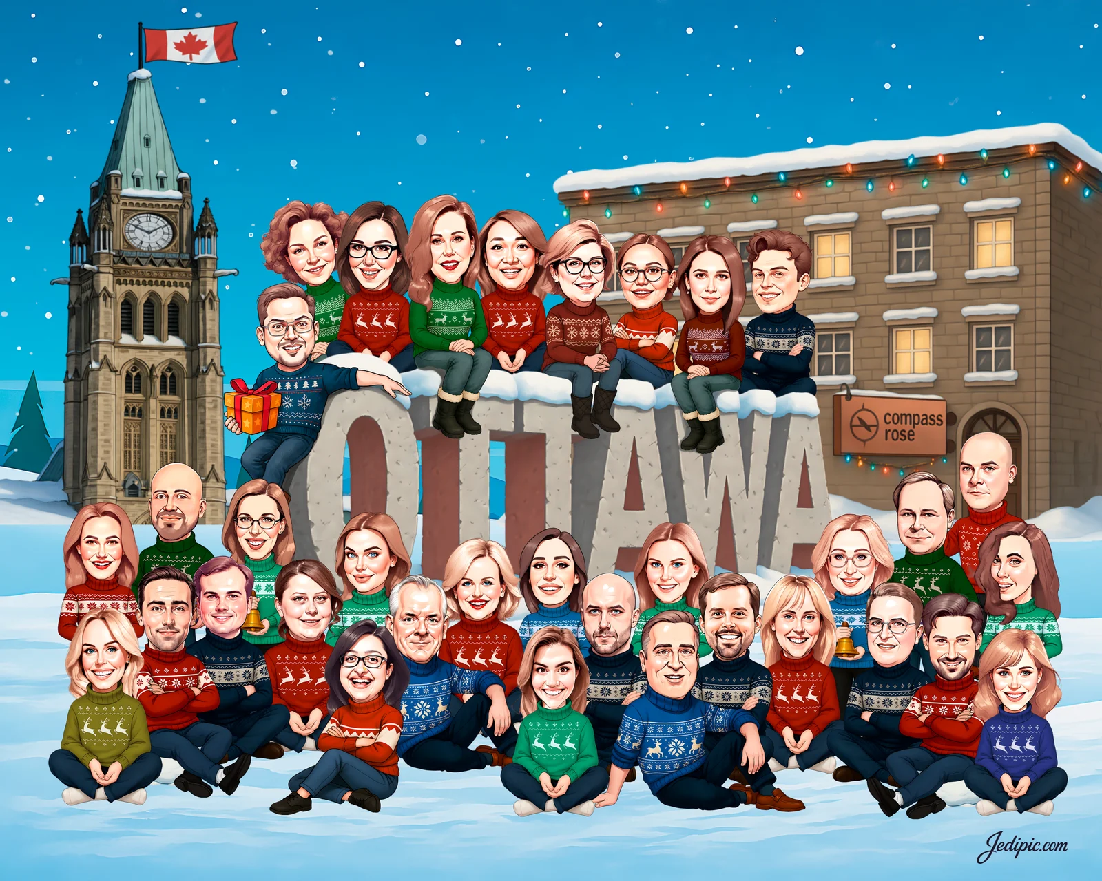 Custom Corporate Team Caricature from Photo — Zoom Grid Portrait Distributed Team Celebration Portrait Gift
