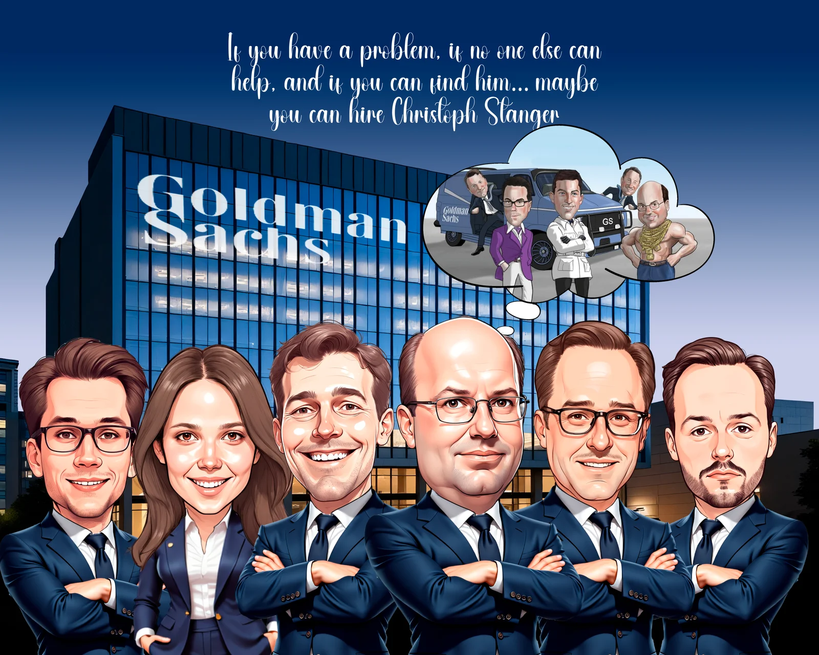 Custom Corporate Team Caricature from Photo — Tight-Knit Corporate Crew Personalized Portrait Gift