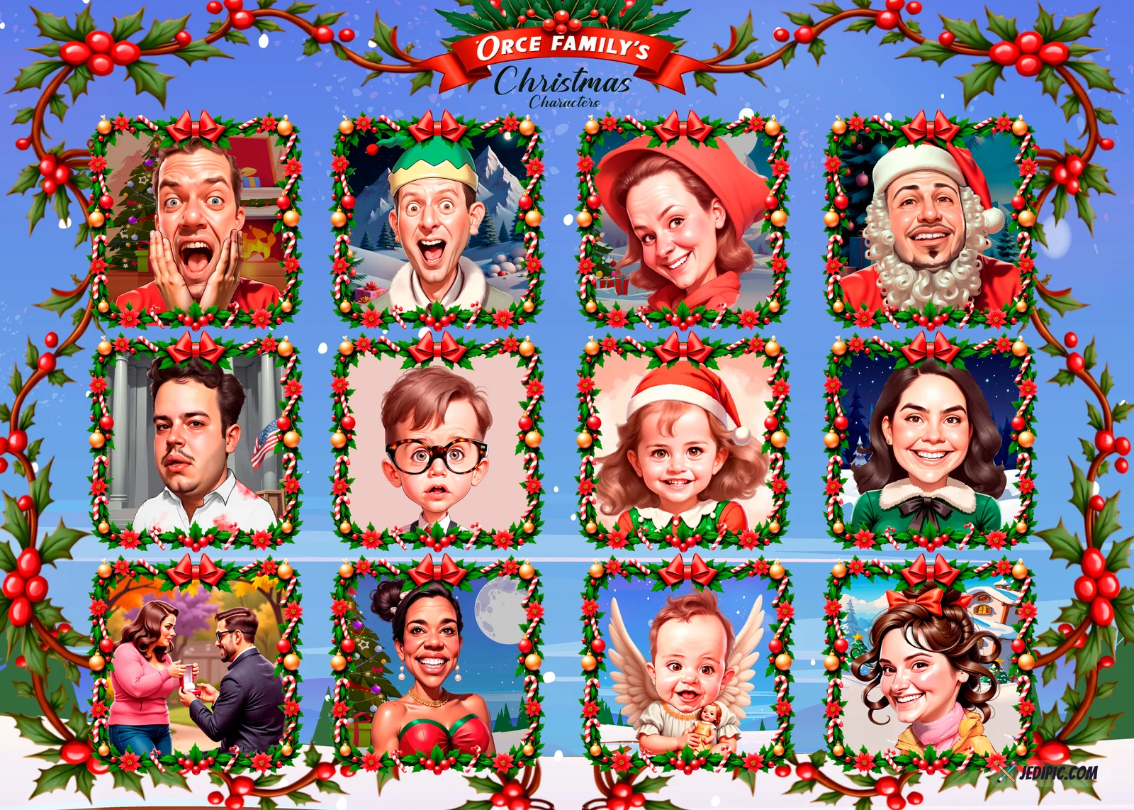 Custom Christmas Family Caricature from Photo — Joyful Holiday Family Personalized Portrait Gift