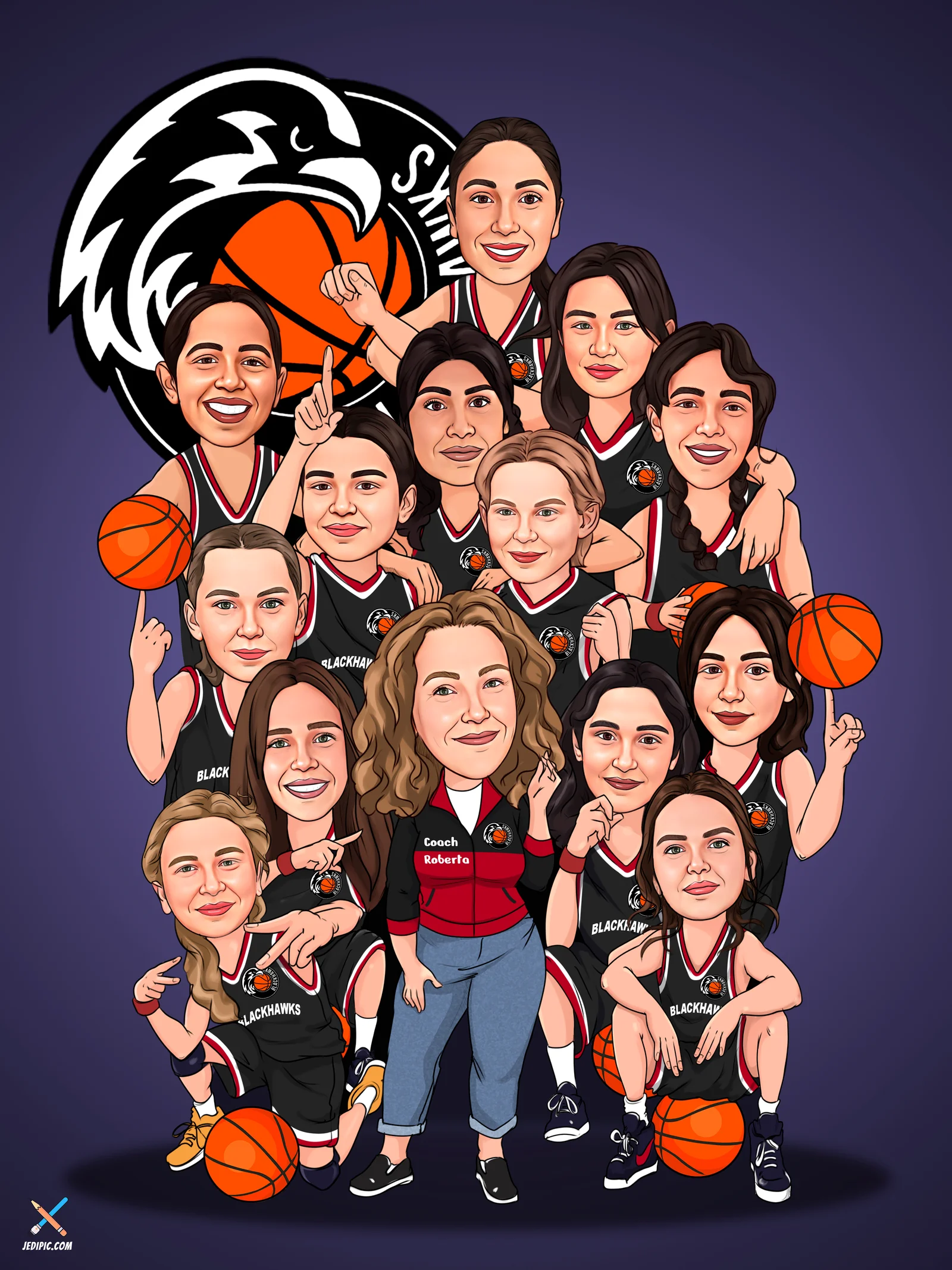 Custom Slam Dunk Court Caricature from Photo — Hoops Legend On The Hardwood Personalized Portrait Gift — Design 2