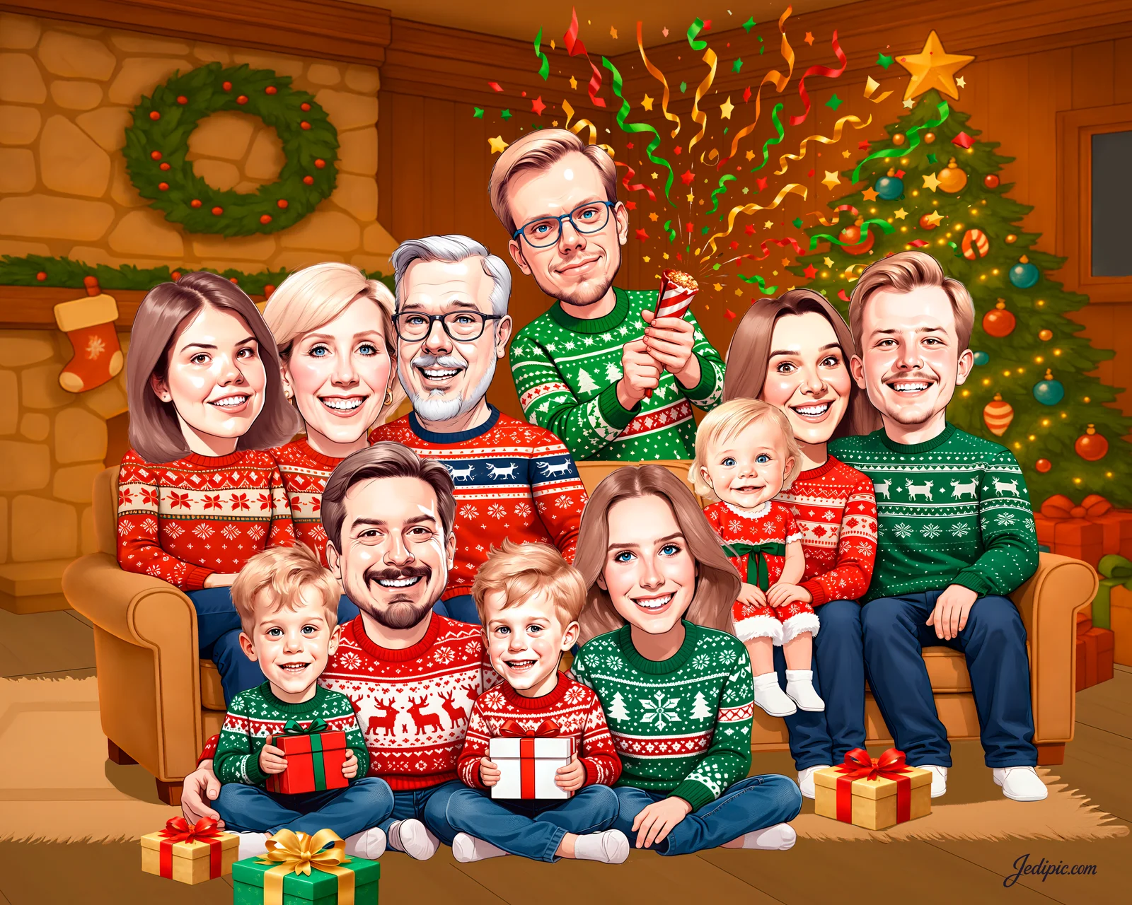 Custom Family Together Caricature from Photo — Tight-Knit Family Together Personalized Portrait Gift
