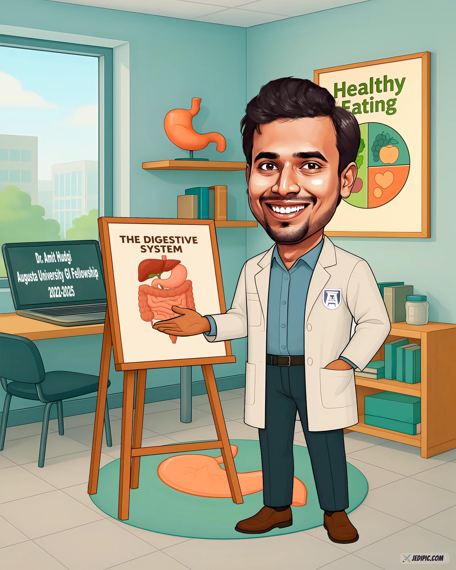 Custom Doctor Coat Caricature from Photo — Compassionate Doctor Personalized Portrait Gift