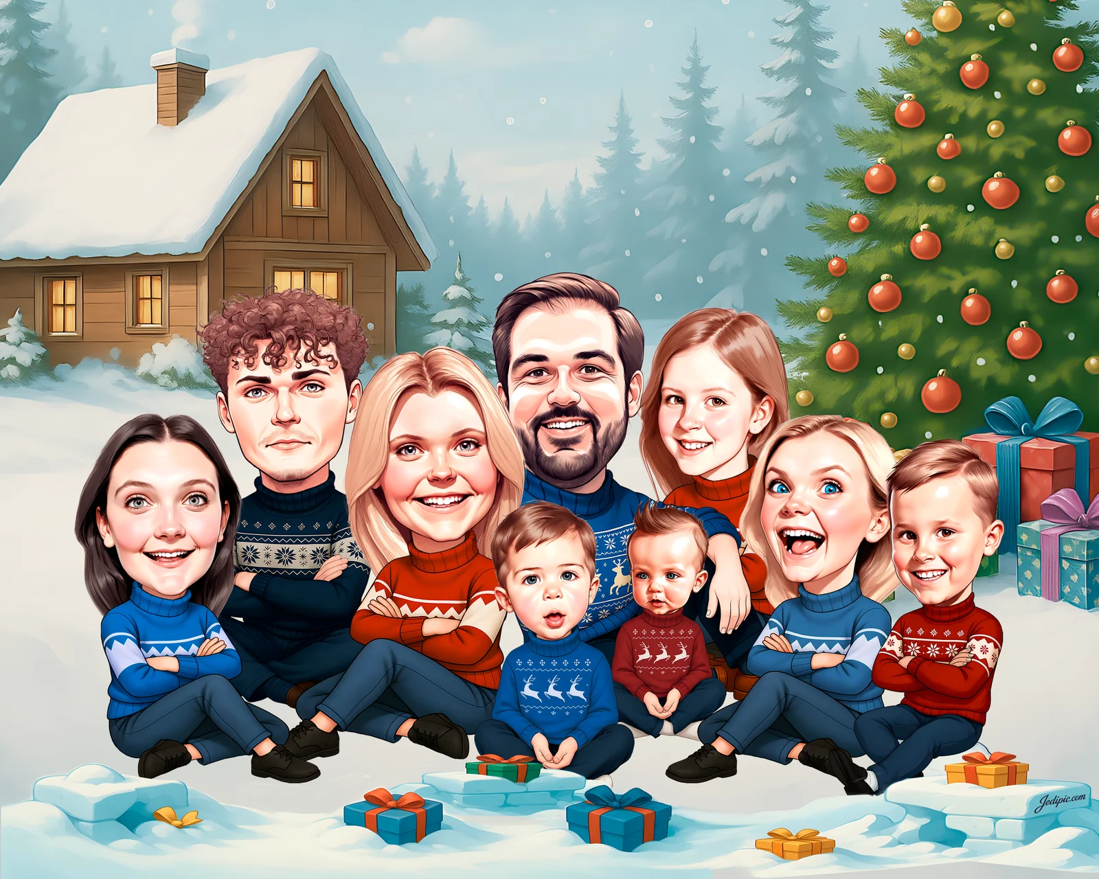 Custom Family Portrait Caricature from Photo — Close-Knit Family Personalized Portrait Gift — Design 2