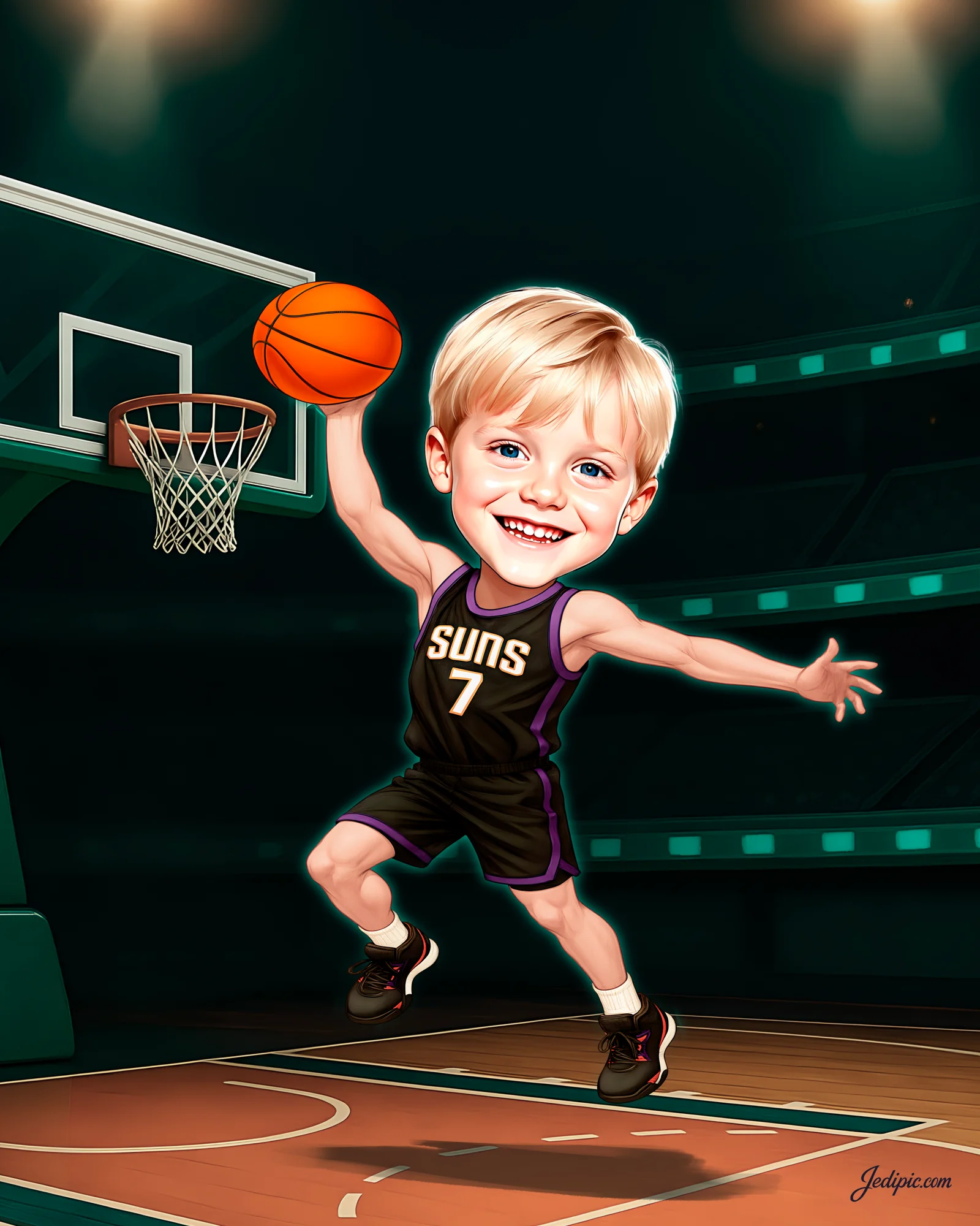 Custom Slam Dunk Court Caricature from Photo — Hoops Legend On The Hardwood Personalized Portrait Gift — Design 3