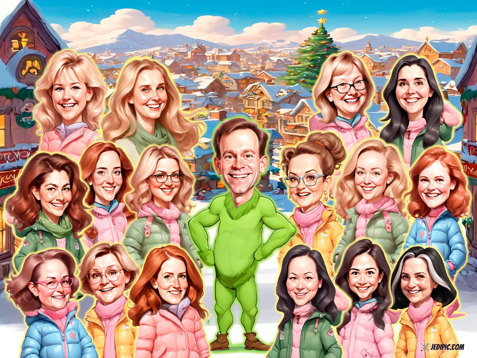 Custom Office Squad Caricature from Photo — Full Office Squad Personalized Portrait Gift — Design 4