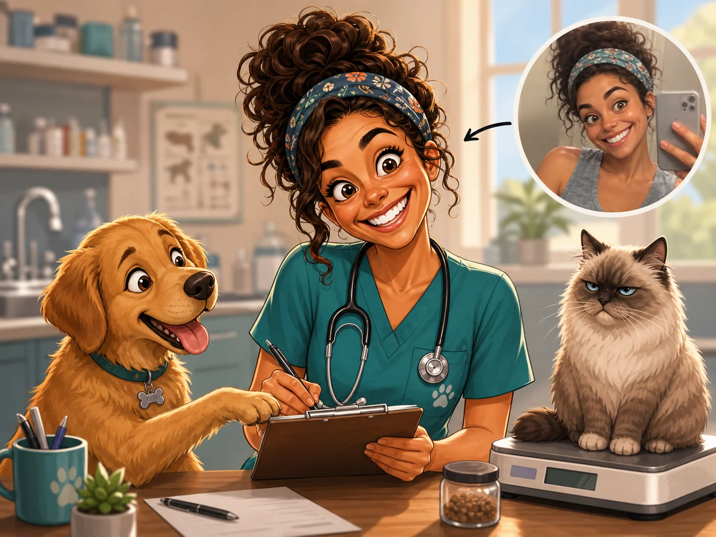 Custom Vet Coat Caricature from Photo — Animal-Loving Veterinarian Personalized Portrait Gift