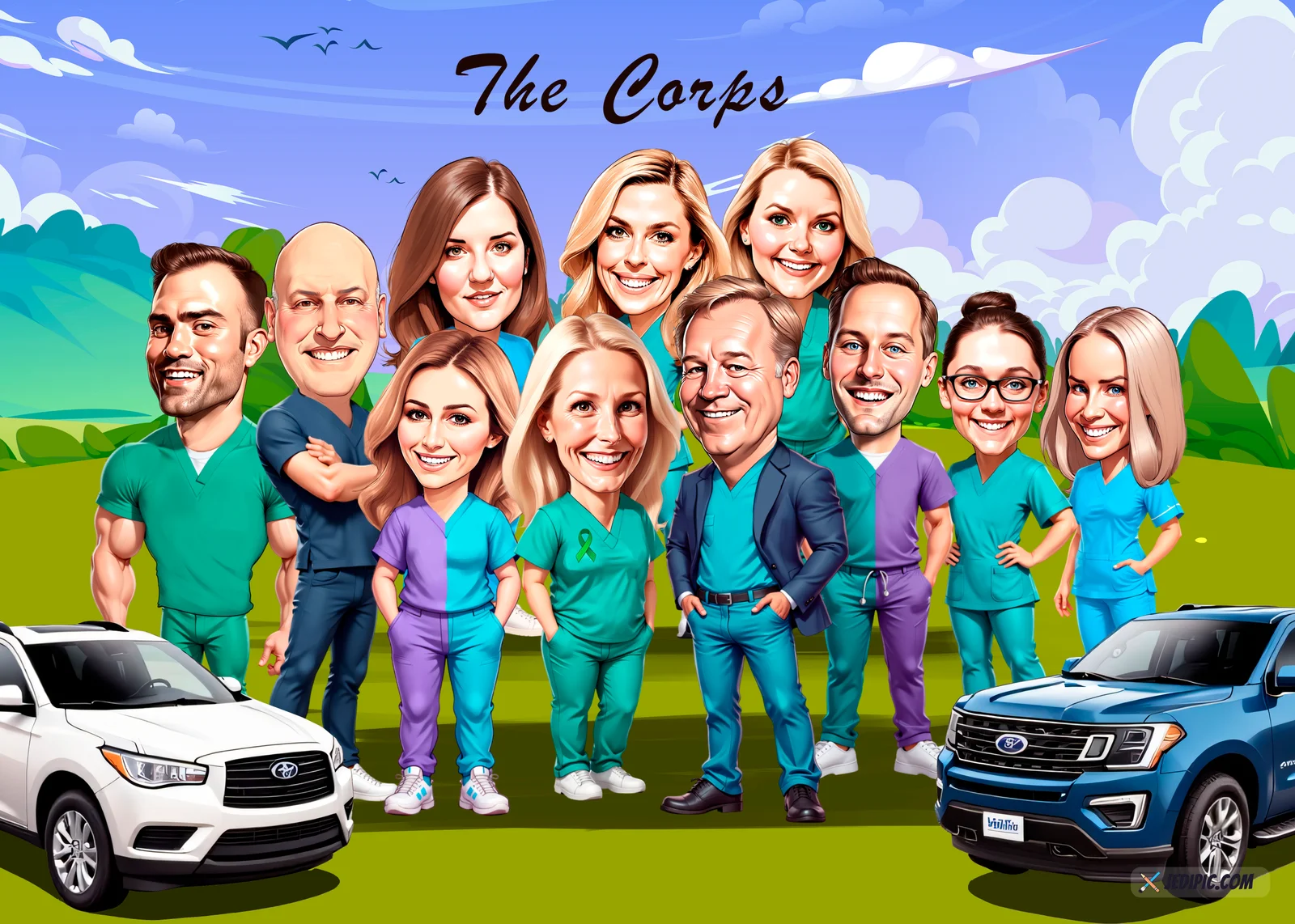 Custom Office Squad Caricature from Photo — Full Office Squad Personalized Portrait Gift — Design 5