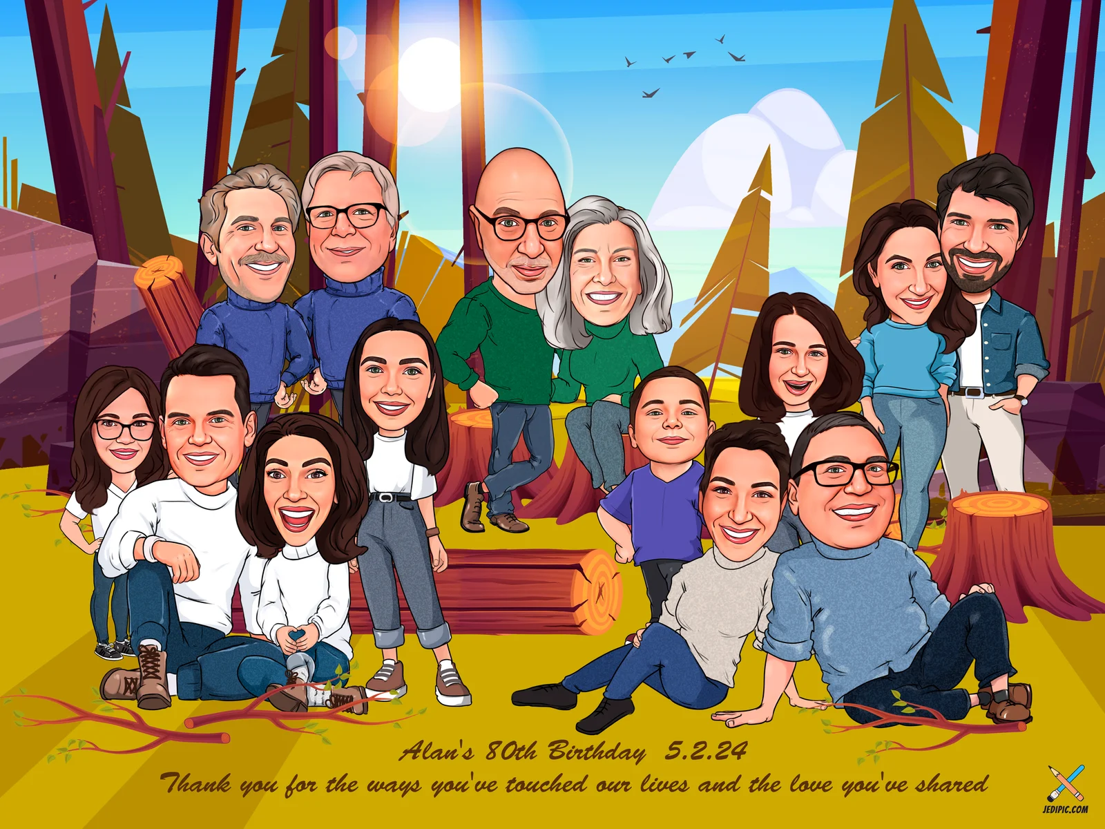 Custom Birthday Caricature from Photo — Balloons and Cake Milestone Birthday Gift