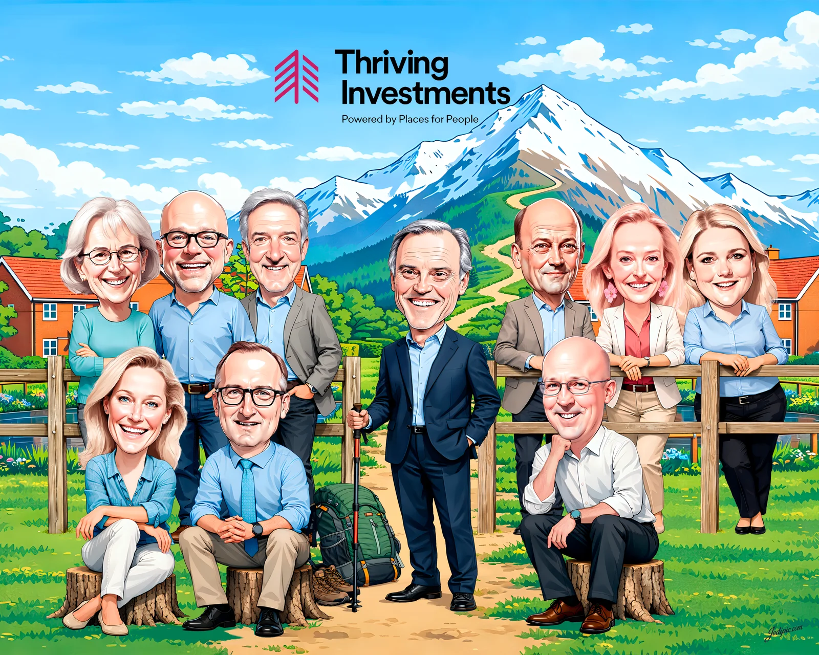Custom Corporate Team Caricature from Photo — Team in Branded Shirts Company Retreat Gift