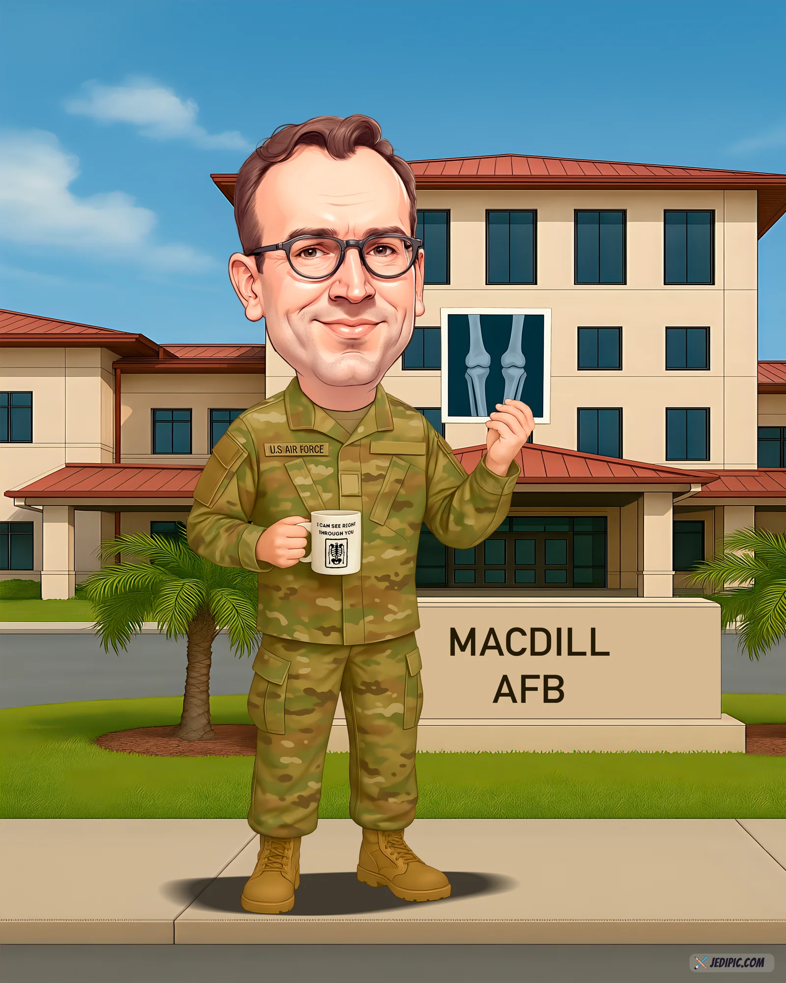 Custom Air Force Pilot Caricature from Photo — Air Force Pilot with Jet Promotion Gift