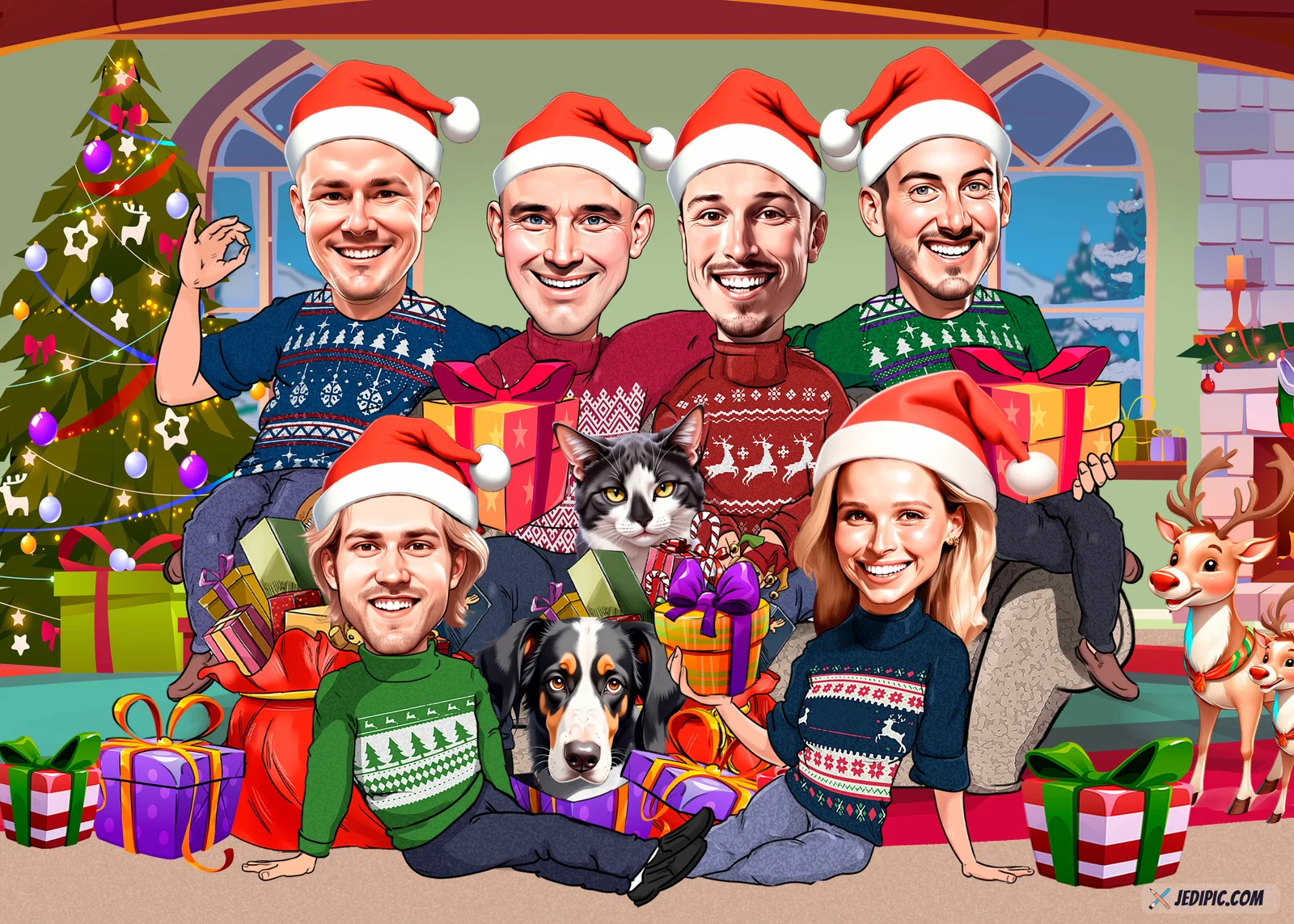 Custom Christmas Family Caricature from Photo — Matching Pajamas Family Christmas Morning Gift