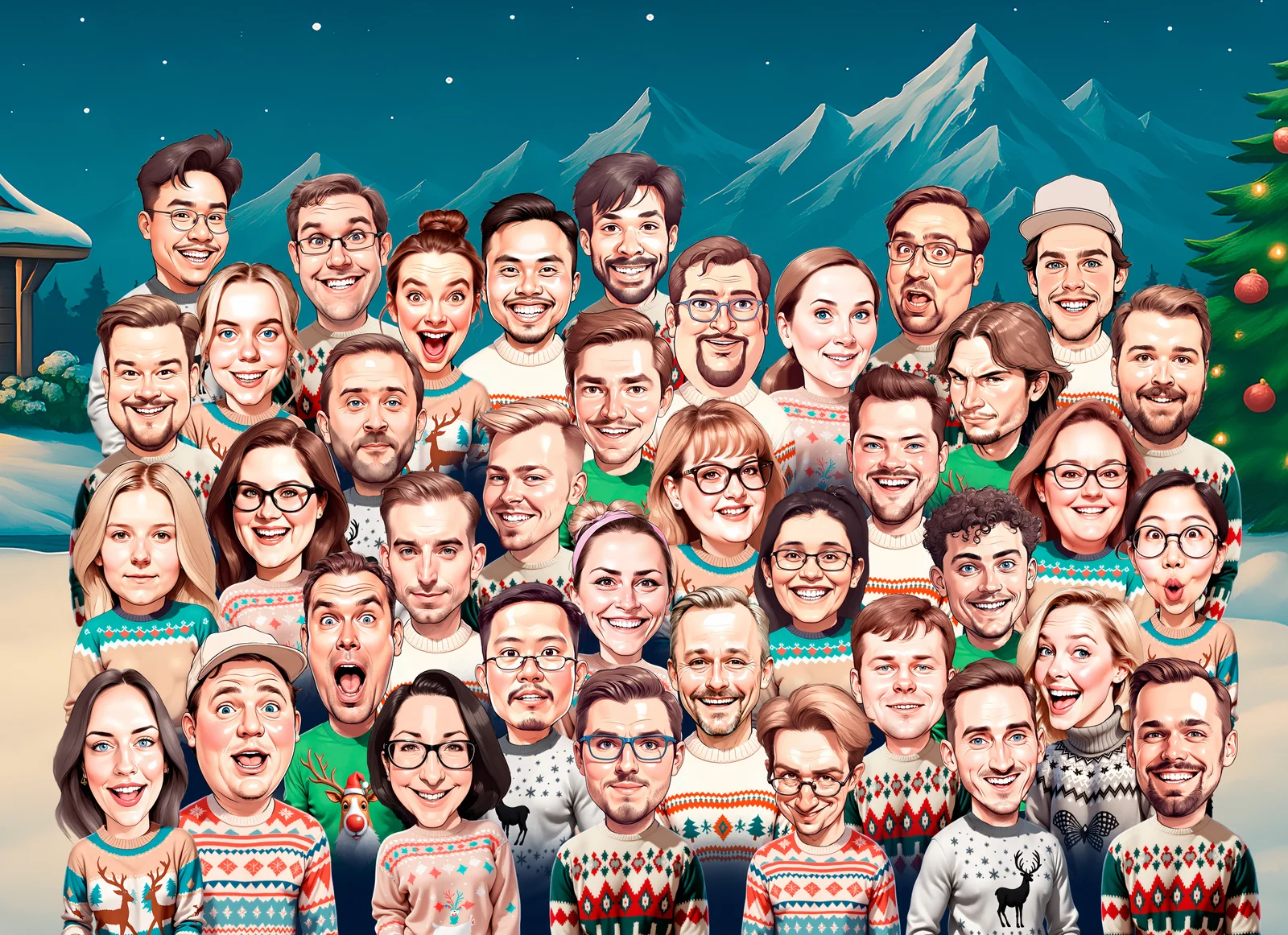 Custom Corporate Team Caricature from Photo — Sales Team High-Fives Sales Kickoff Gift