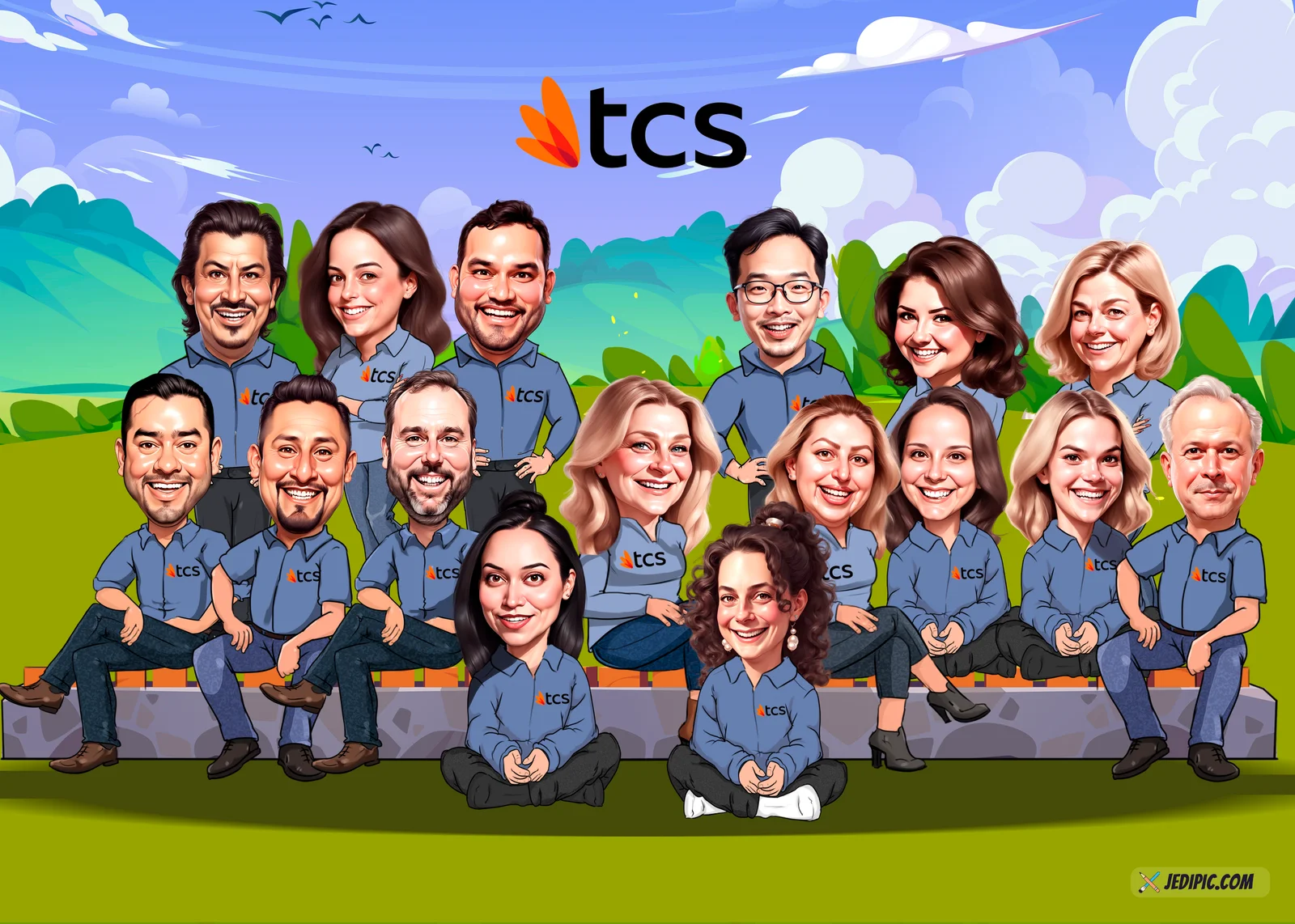 Custom Corporate Team Caricature from Photo — Remote Team Collage Company Anniversary Gift