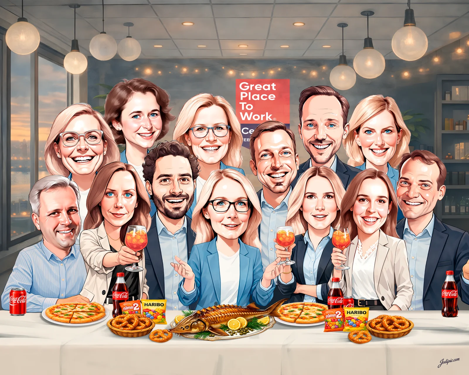 Custom Corporate Team Caricature from Photo — Office Atrium Group Company Milestone Gift