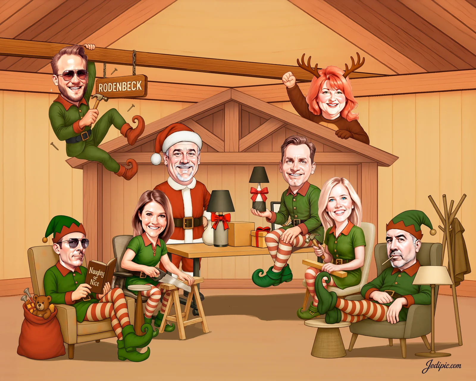 Custom Corporate Team Caricature from Photo — Tech Team with Laptops Product Release Gift