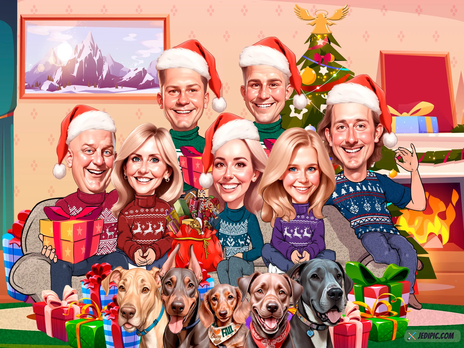Custom Family Caricature from Photo — Living Room Family Family Portrait Gift