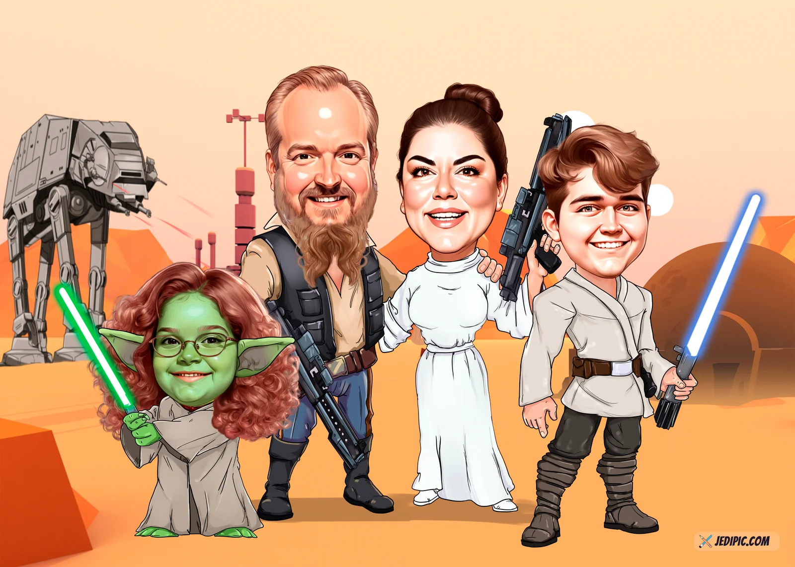 Custom Family Caricature from Photo — Family with Dog Family Portrait Gift