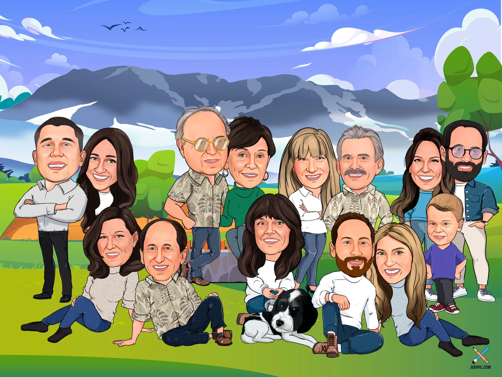 Custom Family Caricature from Photo — Parents and Kids Group Portrait Personalized Home Wall Art Gift