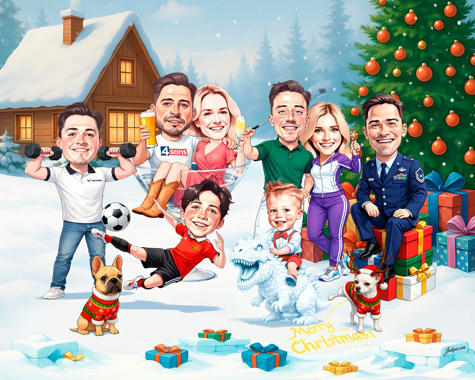 Custom Family Caricature from Photo — Parents Kids and Pets Group Portrait Personalized Family Room Gift