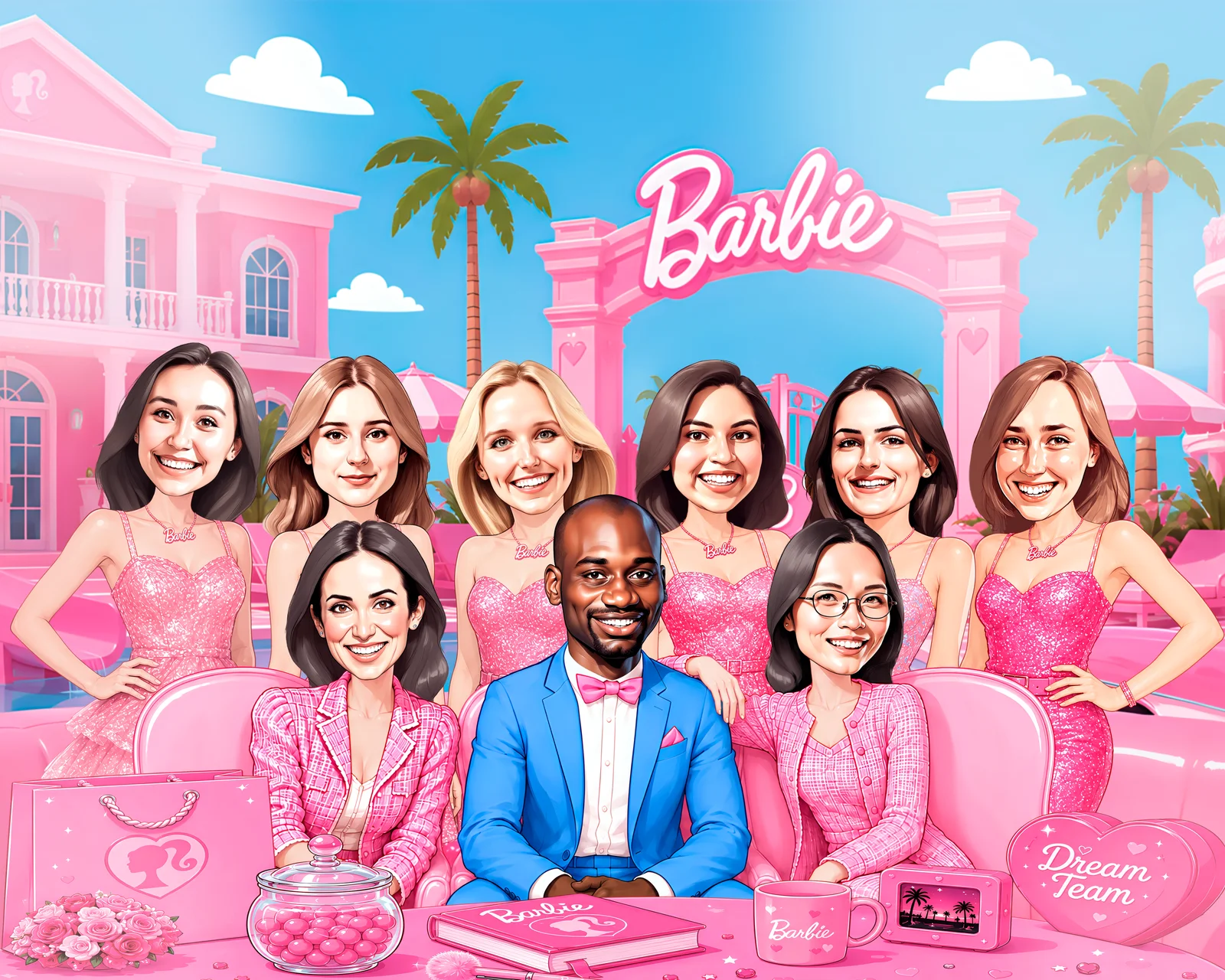 Custom Office Team Caricature from Photo — Desk Squad Group Portrait Personalized Workplace Appreciation Gift