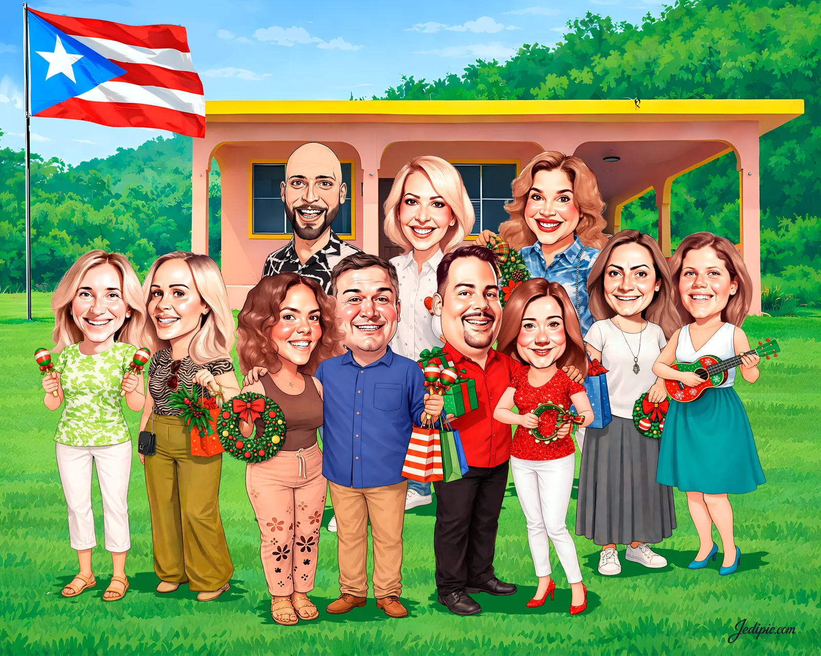 Custom Family Caricature from Photo — Warm Group Portrait Personalized Holiday Home Wall Art Gift
