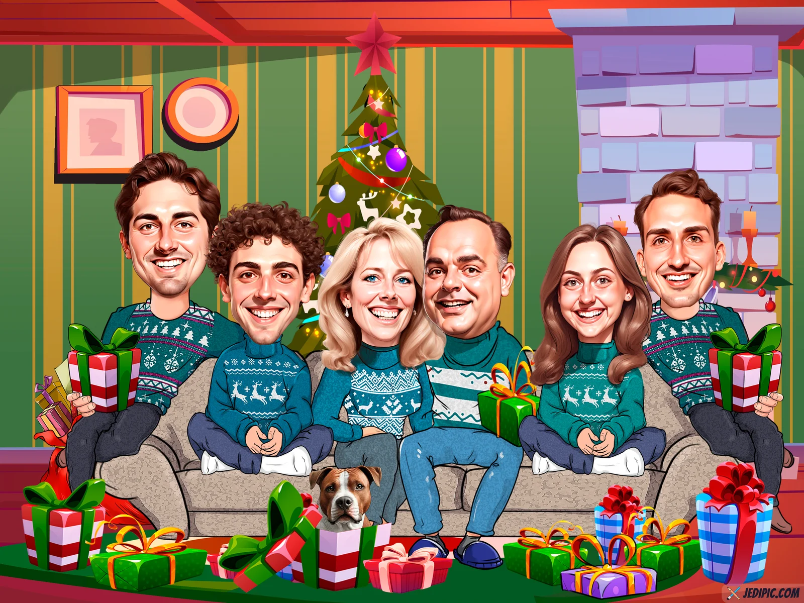 Custom Family Caricature from Photo — Big Family Group Portrait Personalized Grandparents Holiday Gift