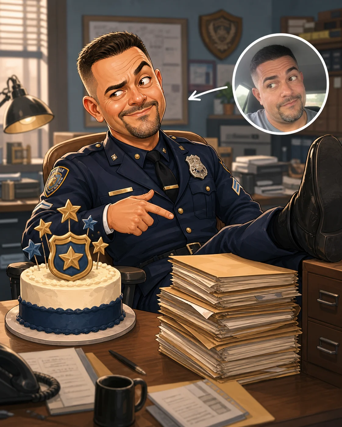 Custom Police Officer Caricature from Photo — Uniform Portrait Personalized Law Enforcement Academy Graduation Gift