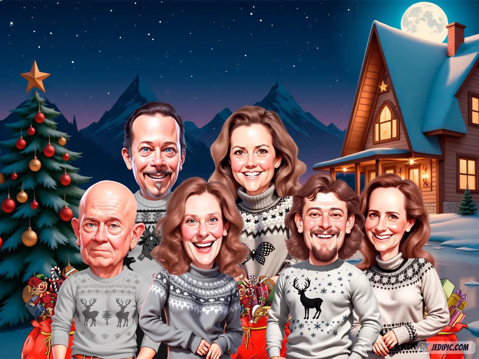 Custom Family Caricature from Photo — Warm Group Home Portrait Personalized Family Christmas Wall Art Gift