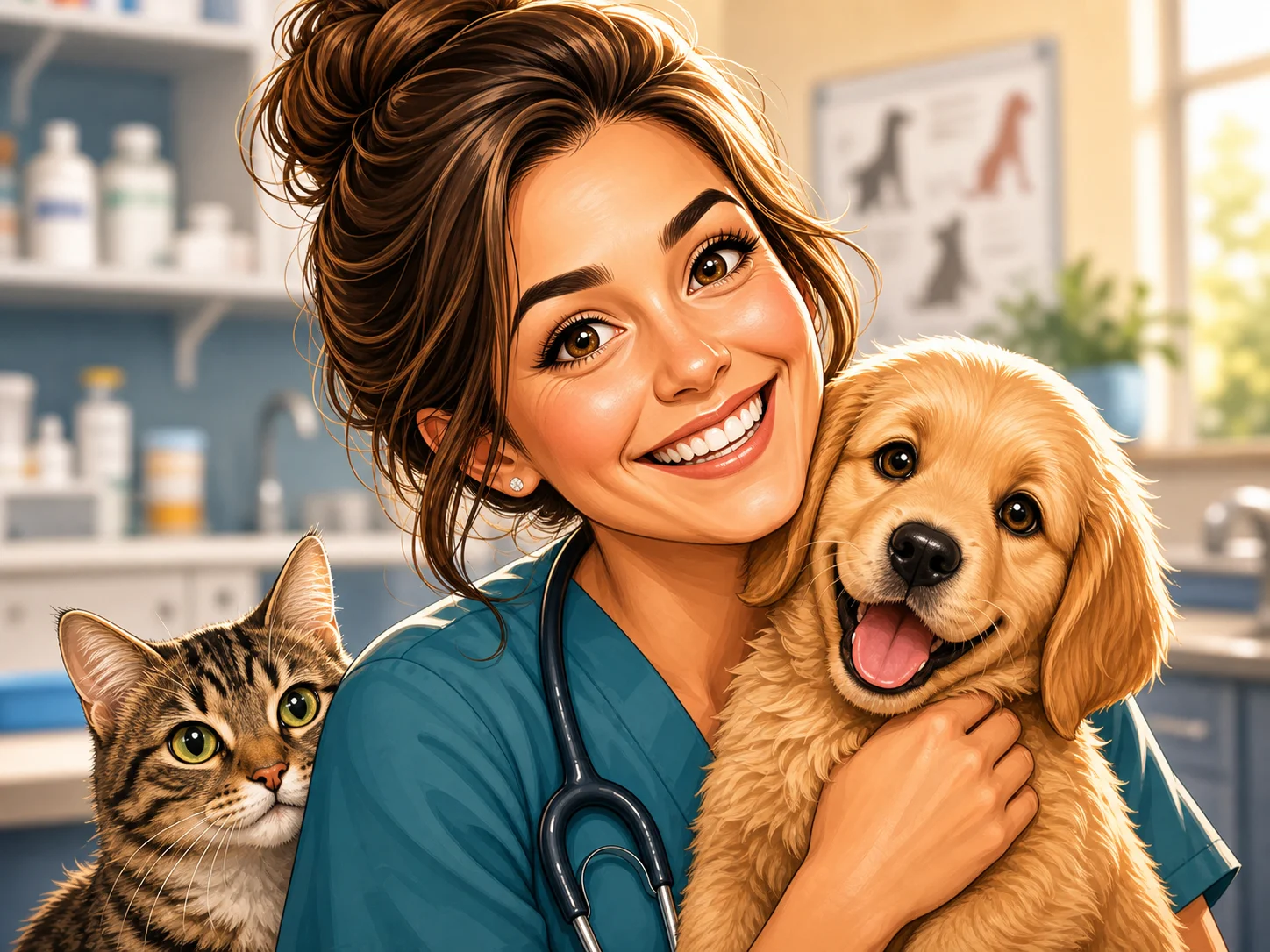 Custom Veterinarian Caricature from Photo — Personalized Animal Doctor Portrait Vet Clinic Team Gift