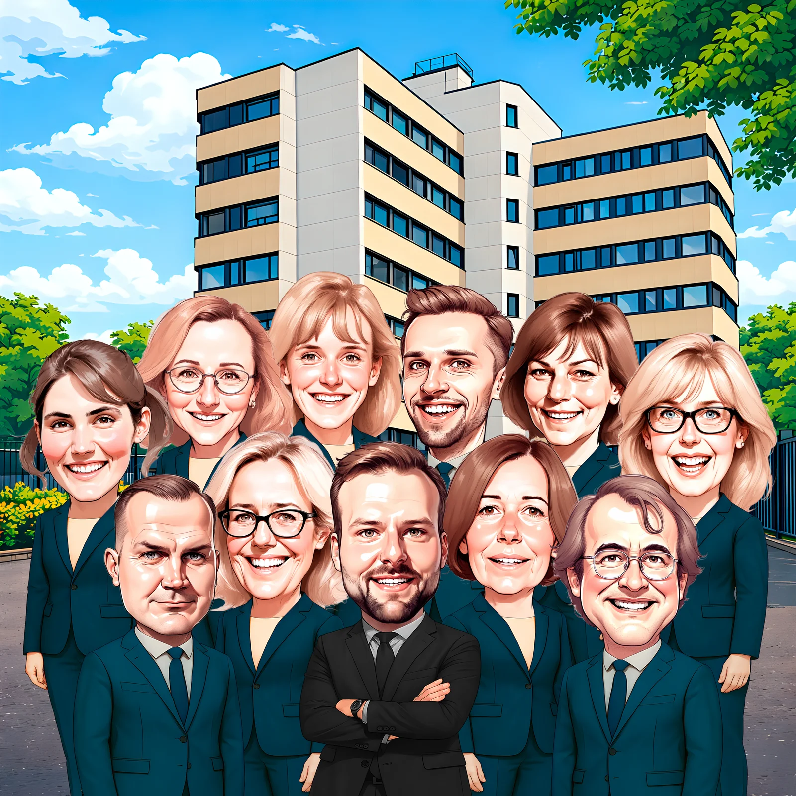 Custom Corporate Team Caricature from Photo — Personalized Real Estate Brokerage Portrait Company Gift