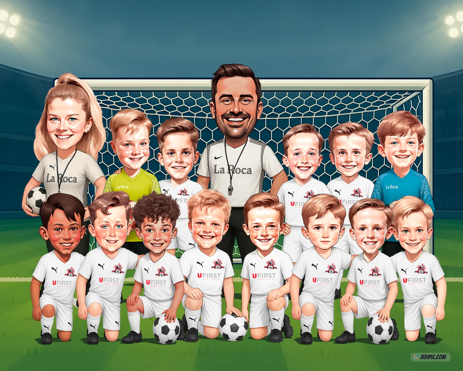 Custom Soccer Team Caricature from Photo — Personalized Football Squad Portrait End of Season Coach Gift