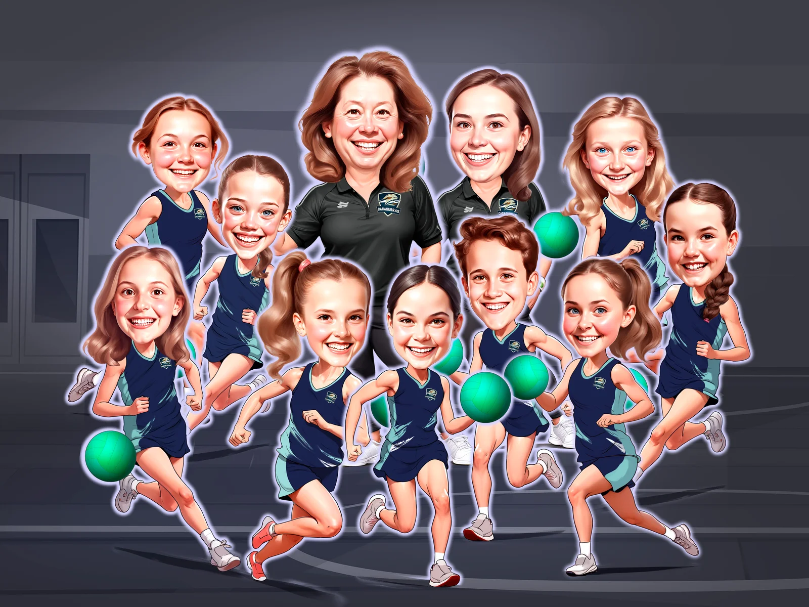 Custom Sports Team Caricature from Photo — Personalized Group Athlete Portrait Championship Coach Season Ending Gift
