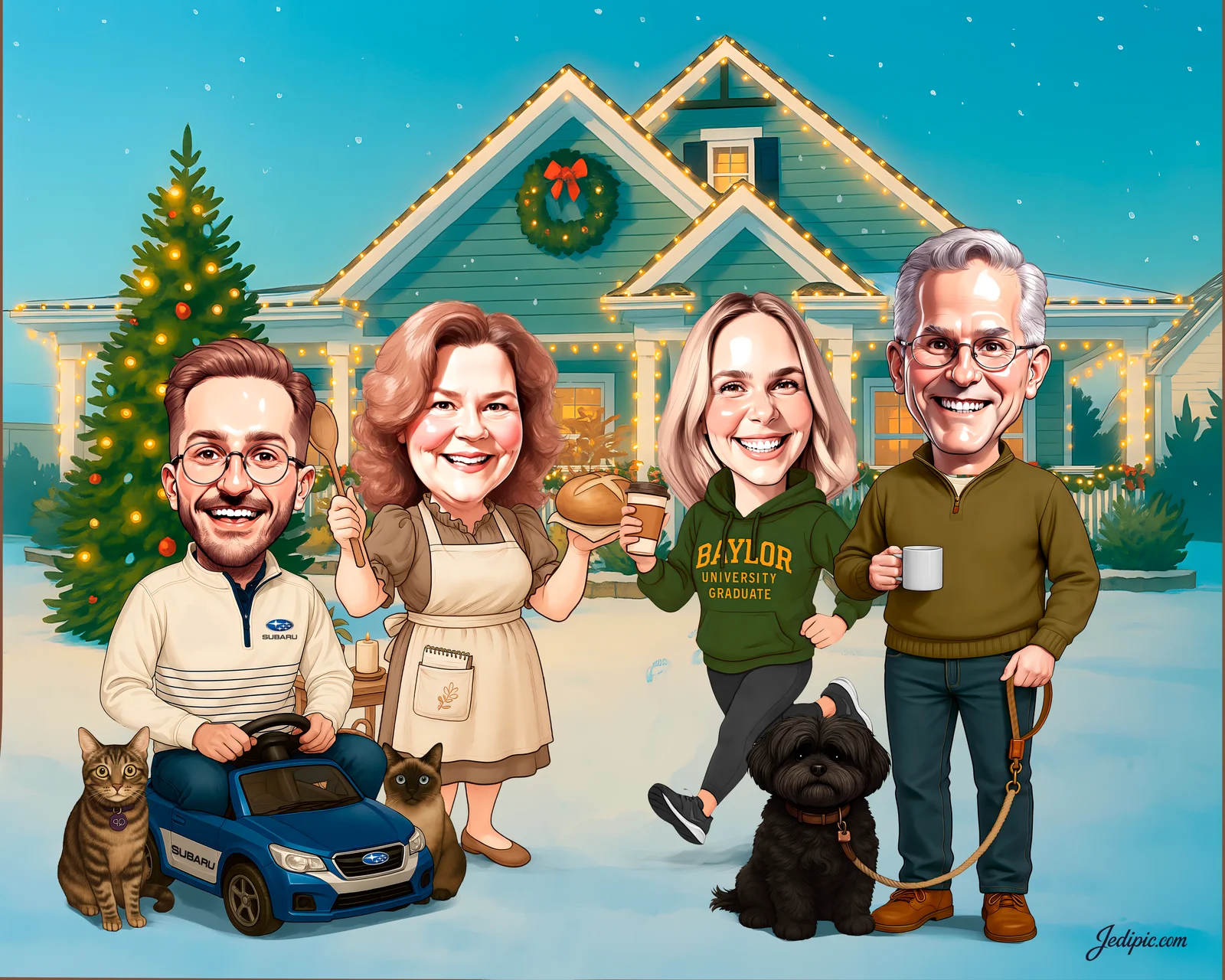 Custom Family Caricature from Photo — Personalized Family Scene Portrait Grandparents Home Anniversary Hand-Drawn Gift